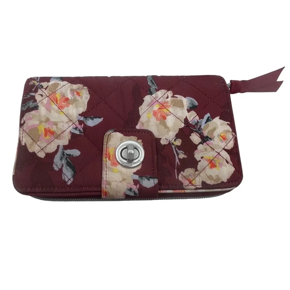 Vera Bradley Burgundy Floral Quilted Cotton Turn Lock Accordion Wallet